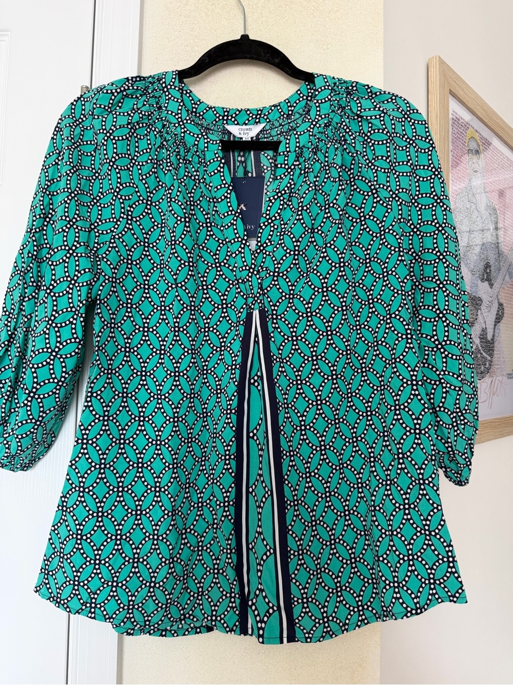 crown & ivy Core Peasant Teal Geometric Split-Front Blouse with Stripe Placket - Picture 2 of 8